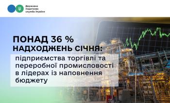 Понад 36 % надходжень січня: підприємства торгівлі та переробної промисловості в лідерах із наповнення бюджету