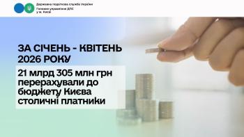 За січень – квітень 2026 року 21 млрд 305 млн грн  перерахували до бюджету Києва столичні платники