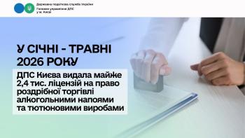 У січні – травні 2026 року ДПС Києва видала майже 2,4 тис. ліцензій на право роздрібної торгівлі алкогольними напоями та тютюновими виробами