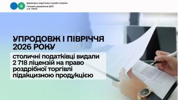 Упродовж І півріччя 2026 року столичні податківці видали 2 718 ліцензій на право роздрібної торгівлі підакцизною продукцією  