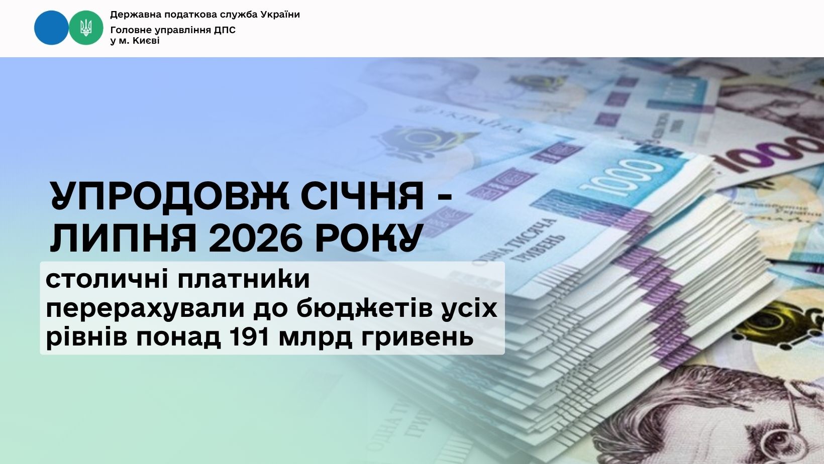 Упродовж січня – липня 2026 року столичні платники перерахували до бюджетів усіх рівнів понад 191 млрд гривень