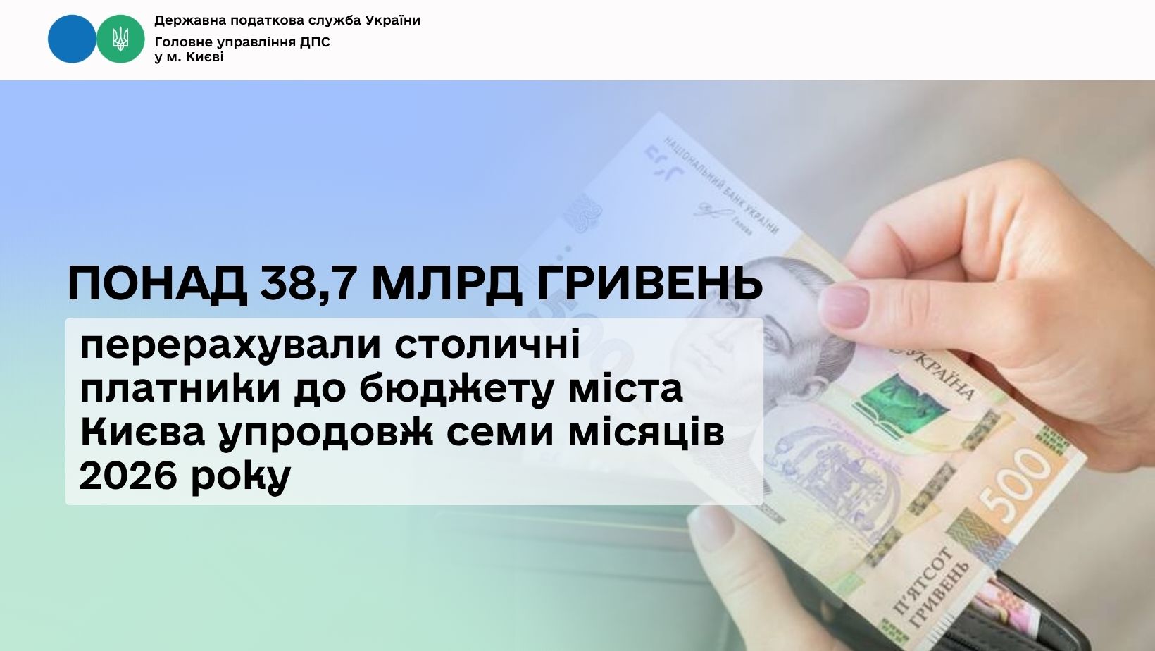 Понад 38,7 млрд гривень перерахували столичні платники до бюджету міста Києва упродовж семи місяців 2026 року