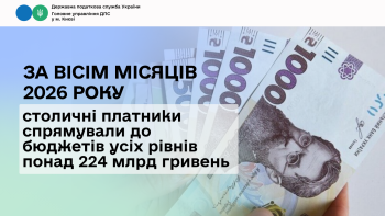 За вісім місяців 2026 року столичні платники спрямували до бюджетів усіх рівнів понад 224 млрд гривень
