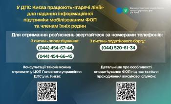 У ДПС Києва працюють «гарячі лінії» для надання інформаційної підтримки мобілізованим ФОП та членам їхніх родин 